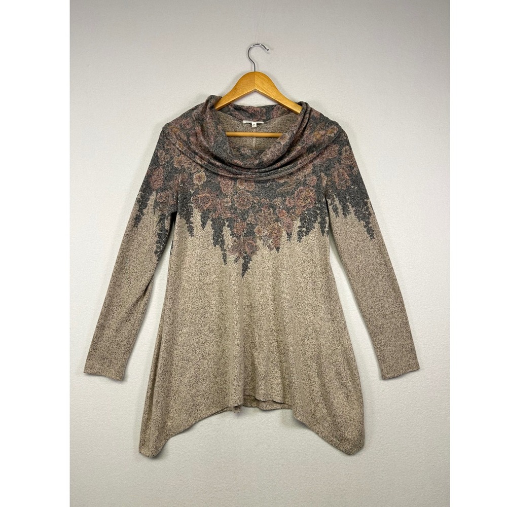 Boho Maurices Womens Small Oatmeal Floral Cowlโ Neck Sharkbite Tunic Top Sweater